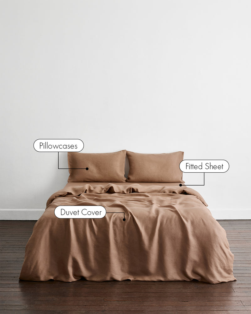 A bed dressed in a warm taupe-brown bedding set called Portobello in 100% french flax linen, including two pillowcases, a fitted sheet, and a duvet cover, shown in a minimalist room with a white wall and dark wood floor. Text labels point to each component.