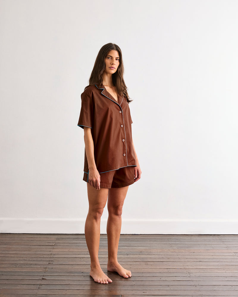 Espresso & Sky Piped Short Sleeve Shirt