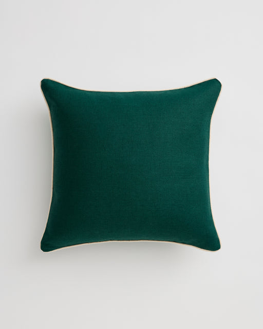 The Forest & Crème 100% French Flax Linen Piped Cushion Cover by Bed Threads, featuring a square shape and solid dark green design, is displayed against a plain white background.