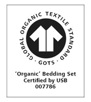 A black and white Global Organic Textile Standard (GOTS) logo above the text: “‘Organic’ Bedding Set Certified by USB 007786.”.