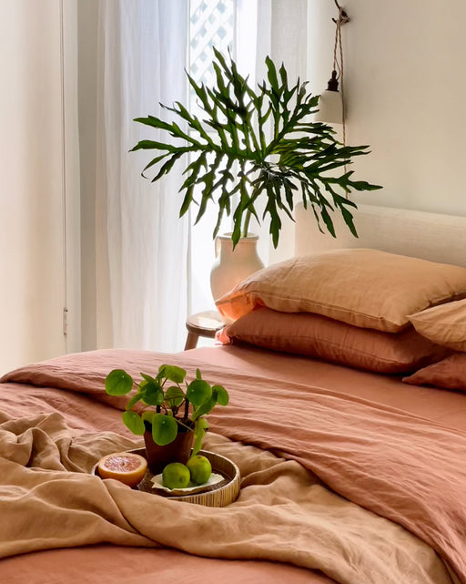 A cozy bedroom featuring the Bed Threads Hazelnut & Terracotta 100% French Flax Linen Bedding Bundle, a potted plant and fruit plate on the bed, plus a tall vase of leafy greenery by a sunlit window with sheer curtains.