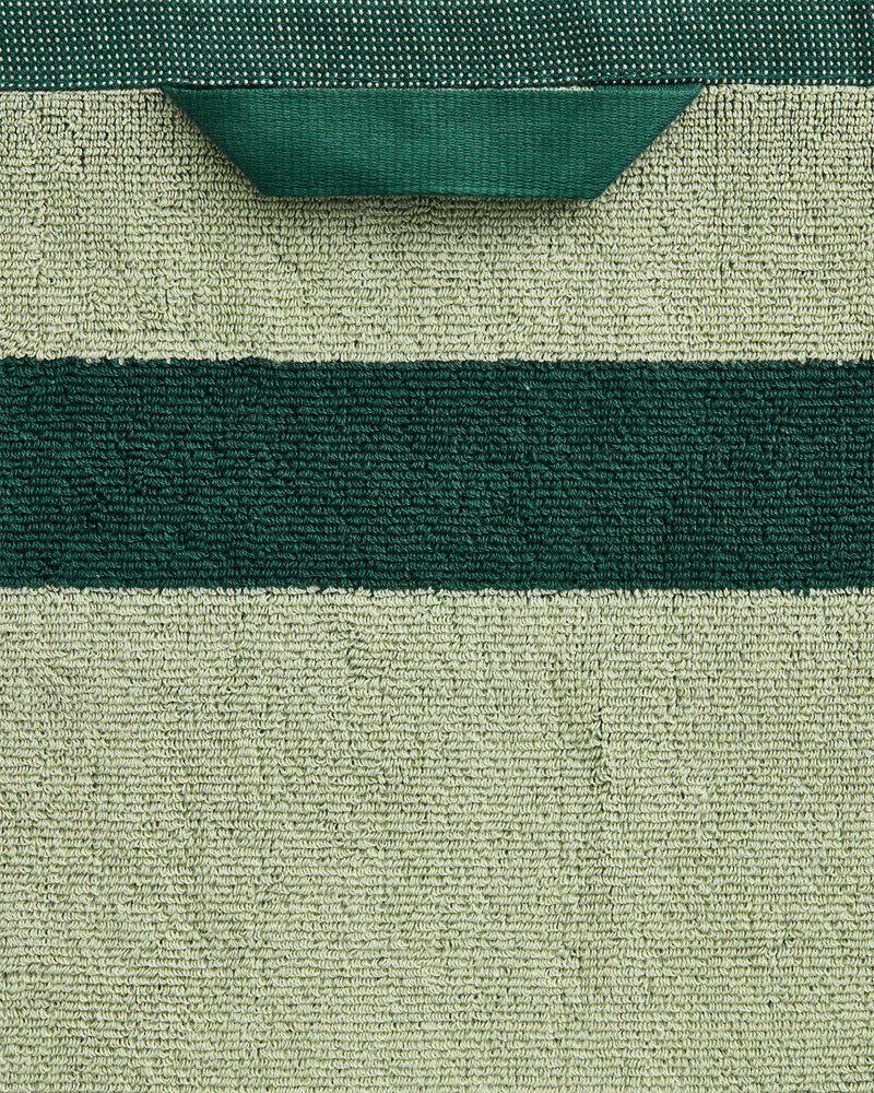 Close-up of the Bed Threads Forest & Sage Two-Toned 100% Cotton Terry Bath Towel, featuring a textured terry surface, light green with a dark green stripe and hanging loop—ideal for your bath towel bundle.