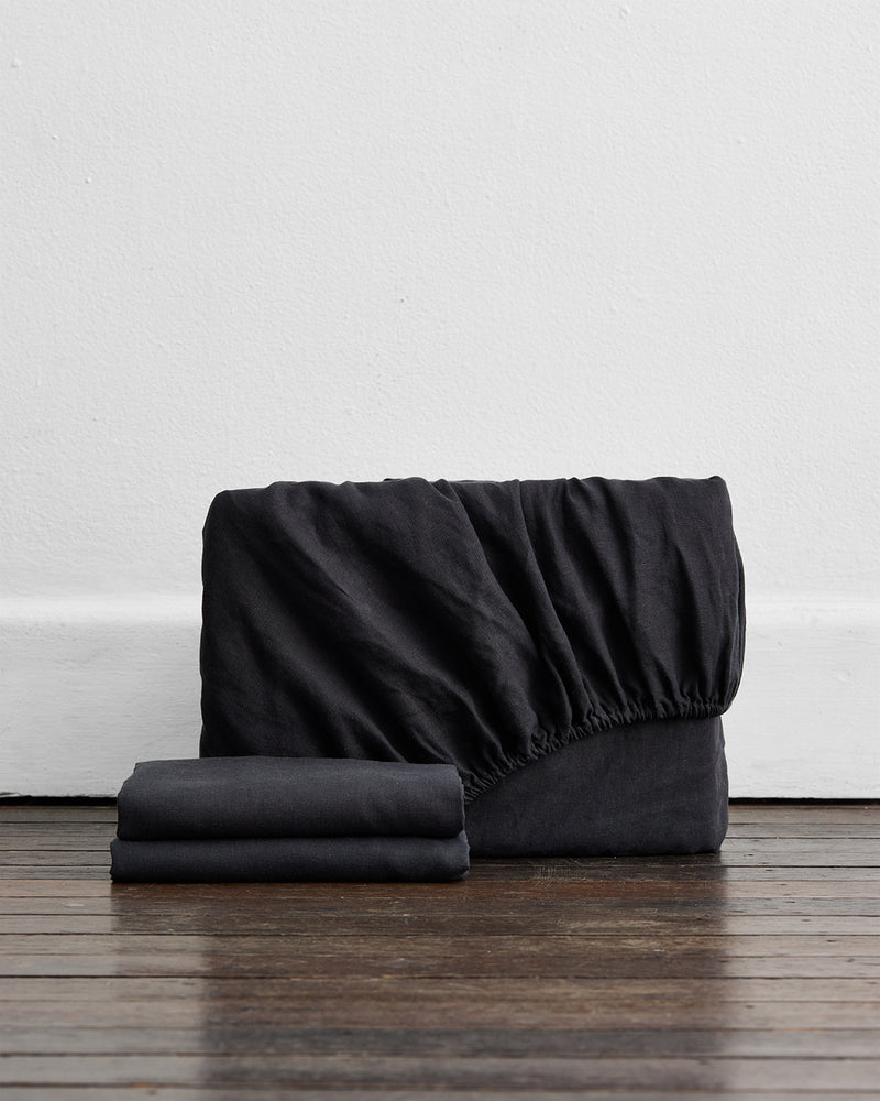 Charcoal 100% French Flax Linen Fitted Sheet Set