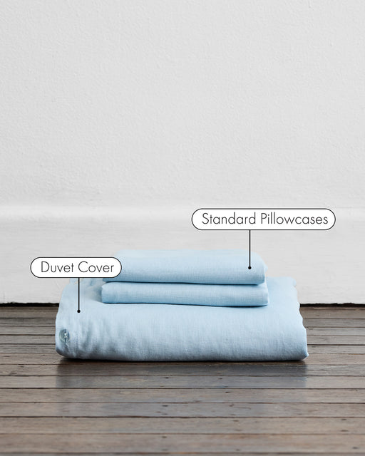 The Bed Threads Coast 100% French Flax Linen Duvet Cover Set in light blue, with a neatly folded duvet cover and two matching pillowcases, is stacked on a wooden floor against a white wall with labeled items.