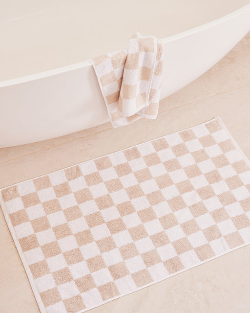 White & Oatmeal Check 100% French Flax Linen Terry Bath Mat