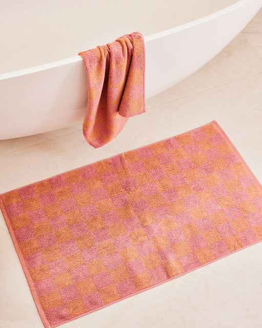 Pink Clay & Hazelnut Check 100% French Flax Linen Terry Bath Mat