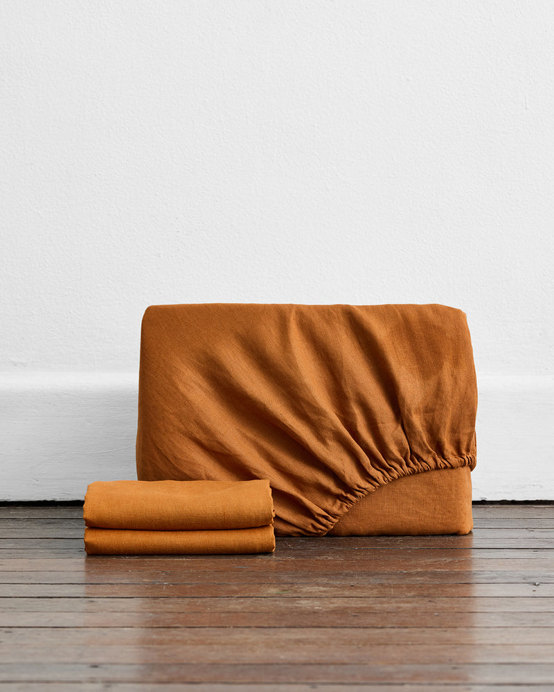 Rust 100% French Flax Linen Fitted Sheet Set