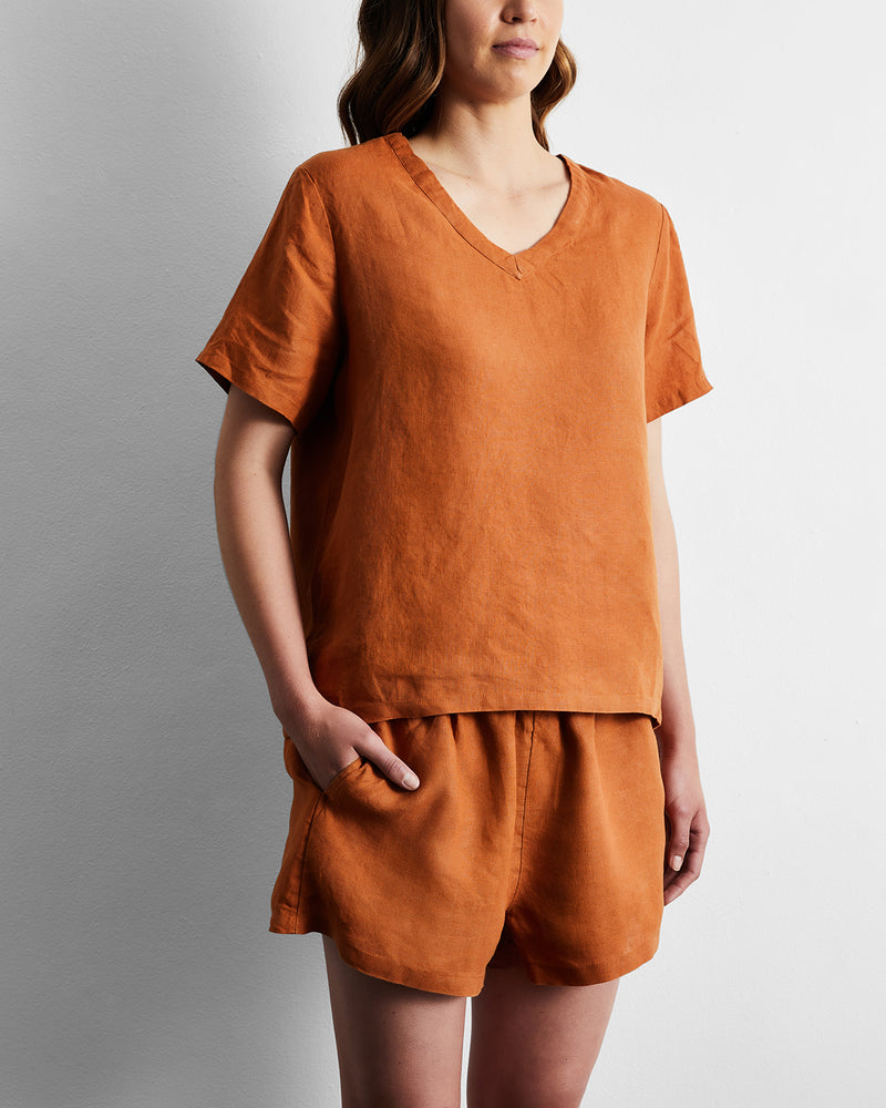 Rust 100% French Flax Linen Shorts