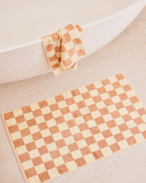 Limoncello & Terracotta Check 100% French Flax Linen Terry Bath Mat