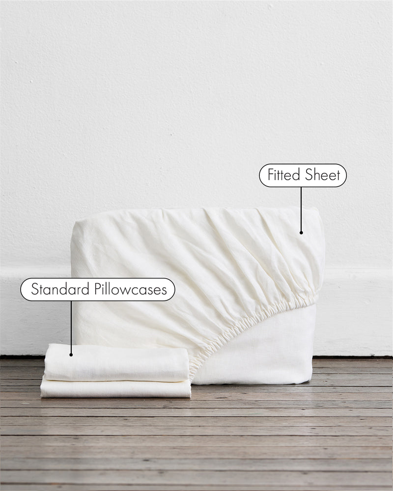 White 100% French Flax Linen Fitted Sheet Set