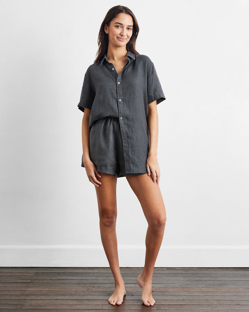 Charcoal 100% French Flax Linen Short Sleeve Shirt