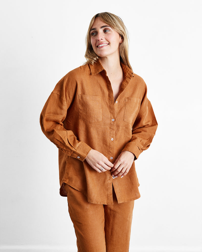 Rust 100% French Flax Linen Long Sleeve Shirt