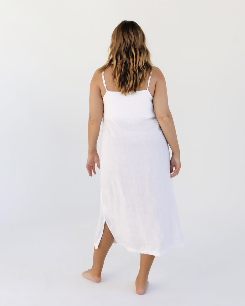 White 100% French Flax Linen Midi Dress
